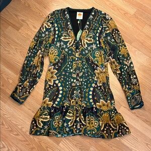 NWT FARM Rio Green and Gold Floral Long Sleeve Mini Dress